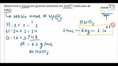 Determine a massa em gramas existente em 2x1023 moléculas de HNO3