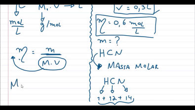 Calcule a massa de HCN que deve ser dissolvida em água para obter 300cm3 de solução 0,6 molL