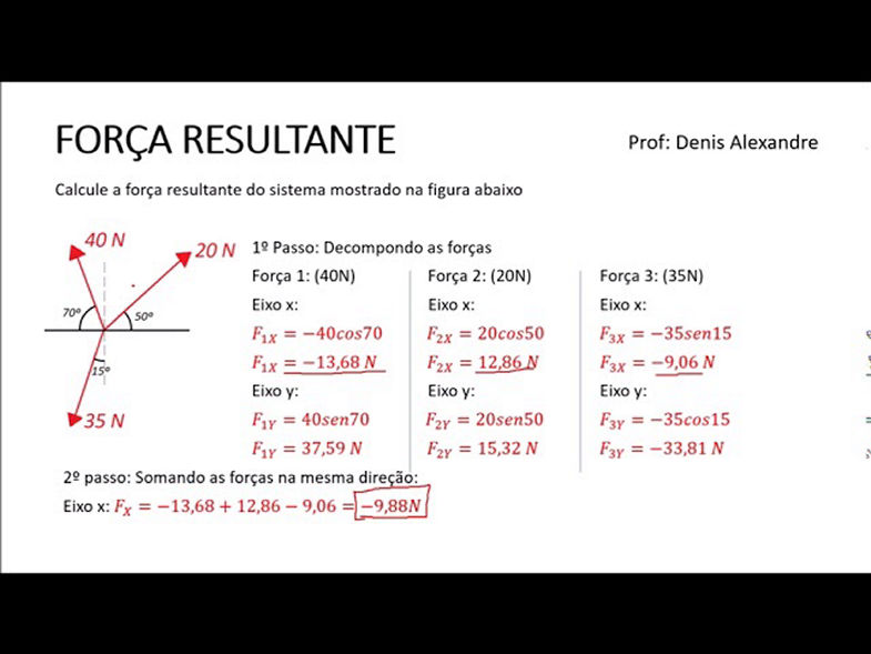 Força Resultante de 3 forças inclinadas - Cálculo completo