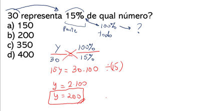 porcentagem | 30 representa 15% de qual número? - Matemática
