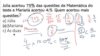 Exercício de porcentagem: Júlia acertou 75% das questões de Matemática do teste e Mariana acertou 4/5. Quem acertou mais questões?